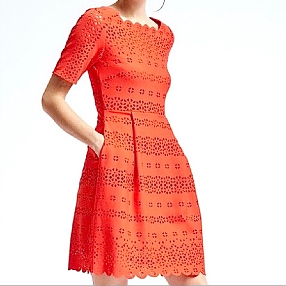 Banana Republic Dresses & Skirts - Banana Republic red orange laser cut eyelet fit & flare dress -4